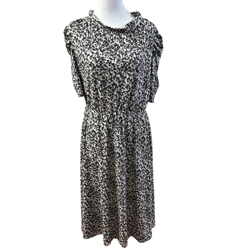 Adianna Papell Black‎ Floral Dress Short Sleeve Keyhole Back Sz M